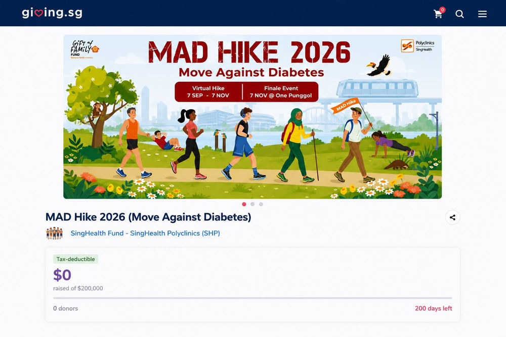 The MAD Hike 2026 campaign page on Giving.sg: the campaign banner, SingHealth Fund &ndash; SingHealth Polyclinics as organiser, and $0 raised of a $200,000 target.
