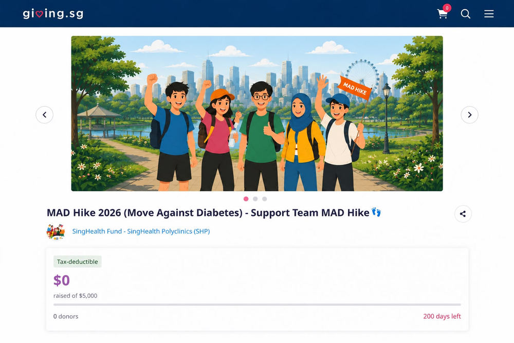 A dedicated team page on Giving.sg: &ldquo;MAD Hike 2026 (Move Against Diabetes) &ndash; Support Team MAD Hike&rdquo;, with $0 raised of a $5,000 team target.